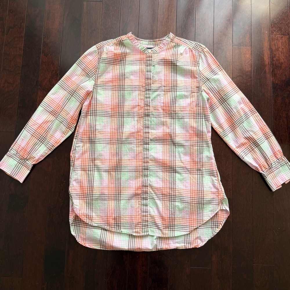 Lands' End Women’s Button Tunic Blouse Flannel Size L Plaid Pockets Easter Long